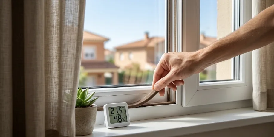 Mano colocando un burlete en el marco de una ventana, con un higrómetro digital en el alféizar