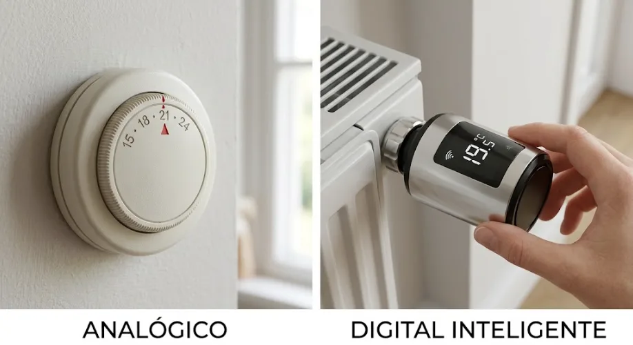 Termostato analógico de pared junto a un cabezal termostático digital instalado en un radiador