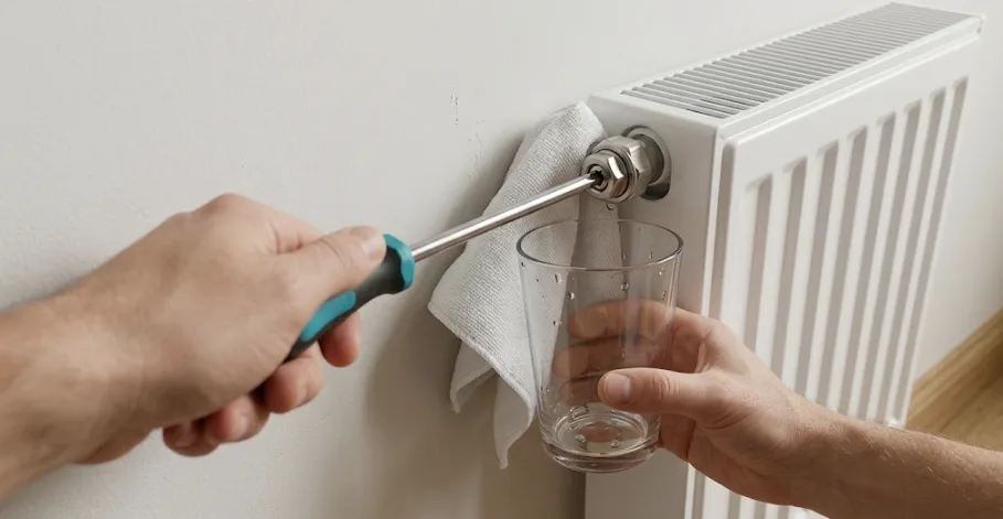 Mano abriendo el purgador de un radiador con un destornillador, con un paño y un vaso debajo para recoger el agua