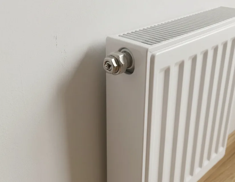 Radiador blanco de agua con el purgador metálico en la parte superior de uno de sus extremos